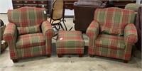 Two Plaid Upholstery Armchairs & Footstool