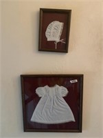 BABY GOWN AND BONNET FRAMED UNDER GLASS, 8” X 6”,