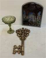 Suncatcher, Green Glass Compote, Brass Key