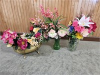 (2) vases and brass urn with artificial flowers