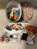 Lot of sewing items in vintage basket