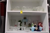 2 Shelves of Glass; oil lamps, pattern, figurines,