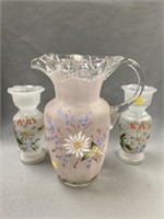 Hand Blown Paint Decorated Pitcher with Vases