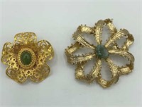 Lot of 2 Fancy Green Stone Gold Tone Brooches