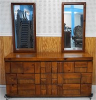Plank Wood Block Board Dresser and Mirror