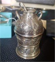 Small Silver (Sterling ?) Pot, Stand & Spoon