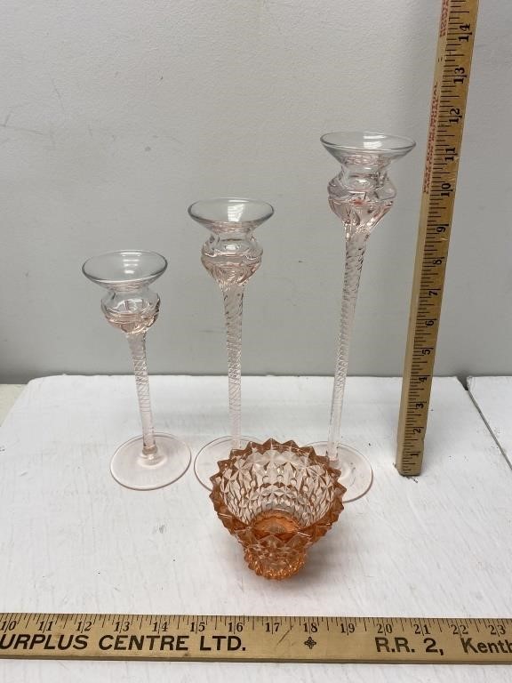 3 Glass candle holders & depression glass candle