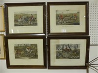 4 ANTIQUE COLOUR HUNTING INCIDENT ENGRAVINGS