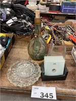 VTG. BLOWN GLASS WINE BOTTLE, ASH TRAYS AND MORE