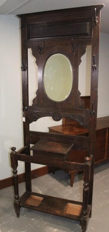 VICTORIAN OAK HALL STAND W/OVAL BEVELED CENTER