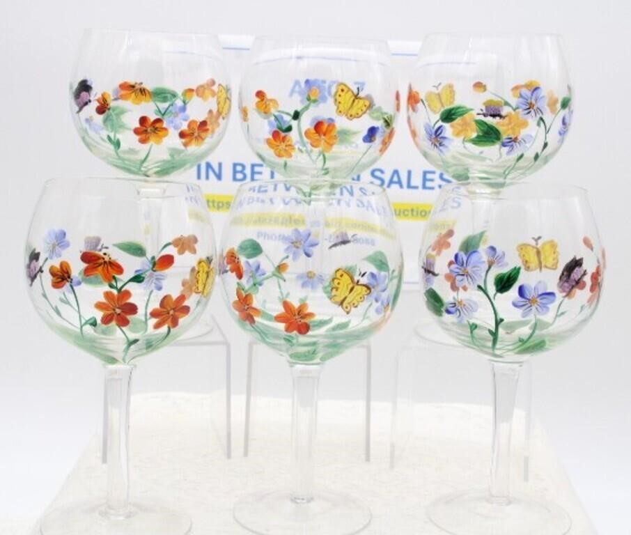 (6) PAINTED GLASS WINE GLASSES