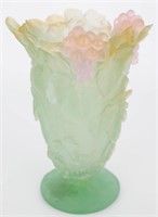 Daum France Signed Pate de Verre Pink & Green Vase