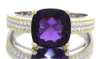 Cushion Cut 2.70 ct Amethyst Two Tone Ring