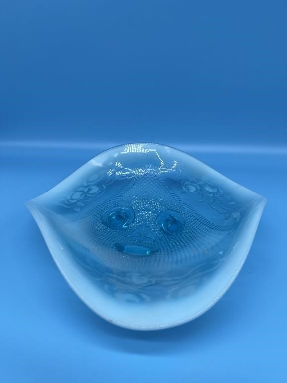 Fenton Footed Opalescent Blue Glass Dish