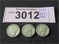 1923, 1927 S, 1943 Mercury silver dimes