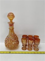 Carnival glass decanter set, stopper repaired