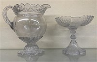 Antique Pressed Glass Pedestal Dish and Pitcher