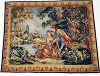 Loomed Tapestry, couple by stream & fruit tree,