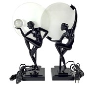Pr 1980s-90s Deco Style Lamps w Glass Discs