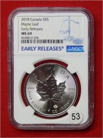 2018 Canada $5 Maple Leaf NGC MS69 1 Ounce Silver