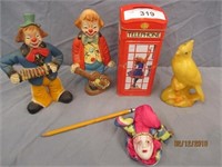2 Handmade Clowns & Phone Booth Coin Bank