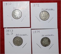 (4) Three Cent Nickel Coins, 1866, 1867, 1868 &
