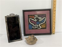 Framed Southwestern Wall Hanging, Figural Pottery