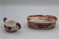 2 Vtg. Red & White Japanese Ceramic Box & Chicken