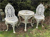 CAST IRON 3 PIECE RAMSHEAD TABLE AND CHAIRS