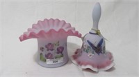 Fenton Blue Burmese decorated 4" hat and 6" bell