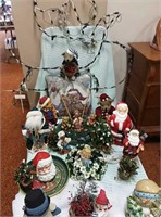 Santa light-up wire sleigh, misc. Santa figurines,