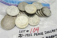 20 Peace Silver Dollars all 1922, various marks