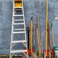 Aluminum step ladder, lawn and garden tools