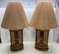 PAIR OF MID CENTURY LAMPS W/SHADES WOOD GLASS