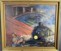 Surrealism/abstract Oil On Board Train Painting
