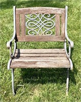 Cast iron frame arm chair, red wood slats (finish