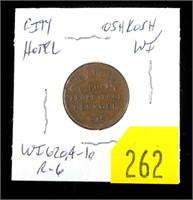 Civil War token, City Hotel, Wisconsin, rarity 6