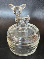 Jeannette Glass Fawn/Deer Powder/Trinket Jar 4"L