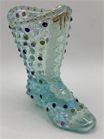 Fenton Hand Painted Hobnail Glass Boot Signed by