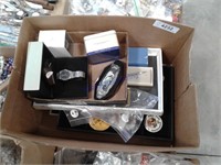 Box w/ assorted jewelry, trays, watches
