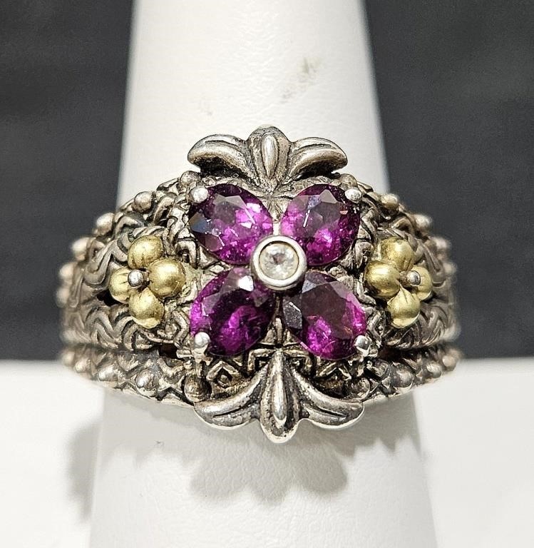 18K & Sterling Bixby Rhodolite Garnet Ring Sz 10