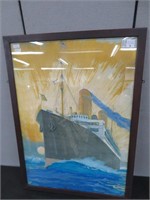 FRAMED UNSIGNED WATERCOLOUR OF SS JUSTICIA SHIP