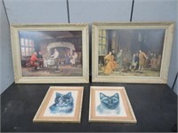4 FRAMED PRINTS (2  OF CATS & 2 OF GROUP SCENES)