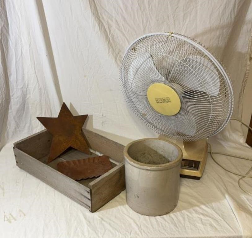 16" Oscillating Fan, Wooden Crate, Stoneware Crock
