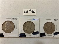 1961 D, 1962 D, 1963 D Franklin Half Dollars