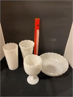Miscellaneous milk glass bowl and vase