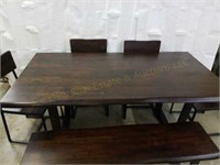Wood & Steel Table w/Four Chairs & Bench Table is