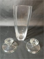Clear Pressed Glass Candleholders and Vase