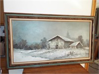 4' X 2' Original Oil Winter Barn Scene By G. Hestn