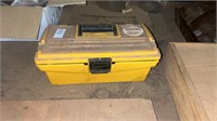 Yellow tool box, 2 plastic jars, metal tin full